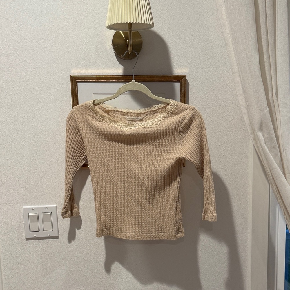 Urban Outfitters Soft Beige Lace-Trim Ribbed Top